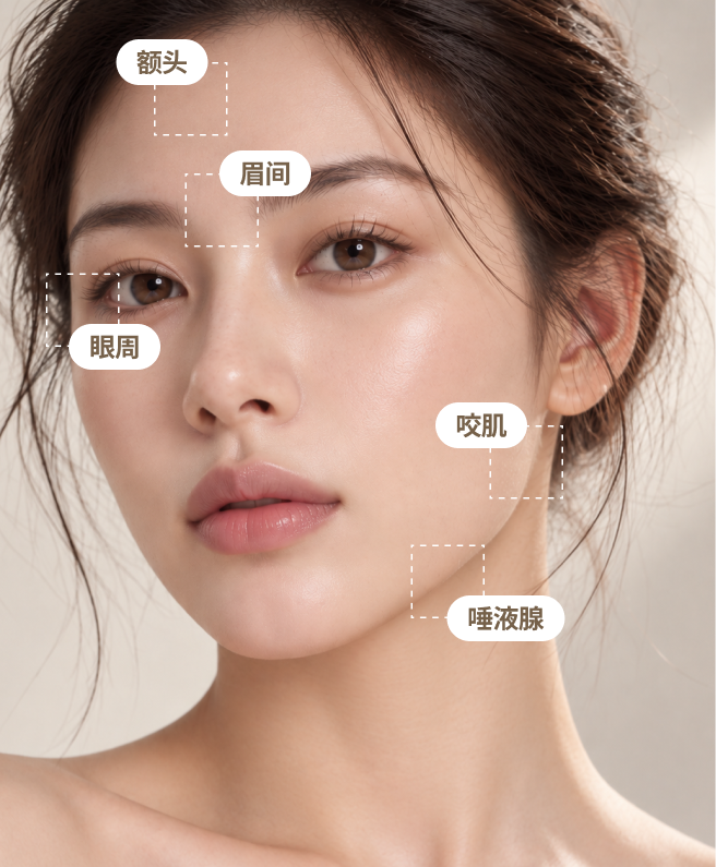 面部肉毒素治疗部位：额头、眉间、眼周、咬肌、唾液腺
