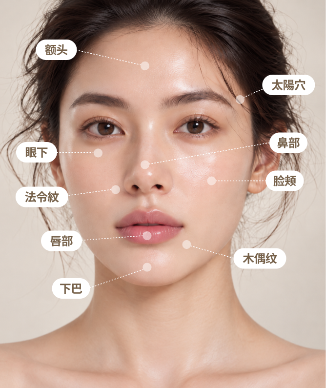 玻尿酸填充治疗部位：额头、太阳穴、眼下、鼻部、法令纹、脸颊、唇部、木偶纹、下巴